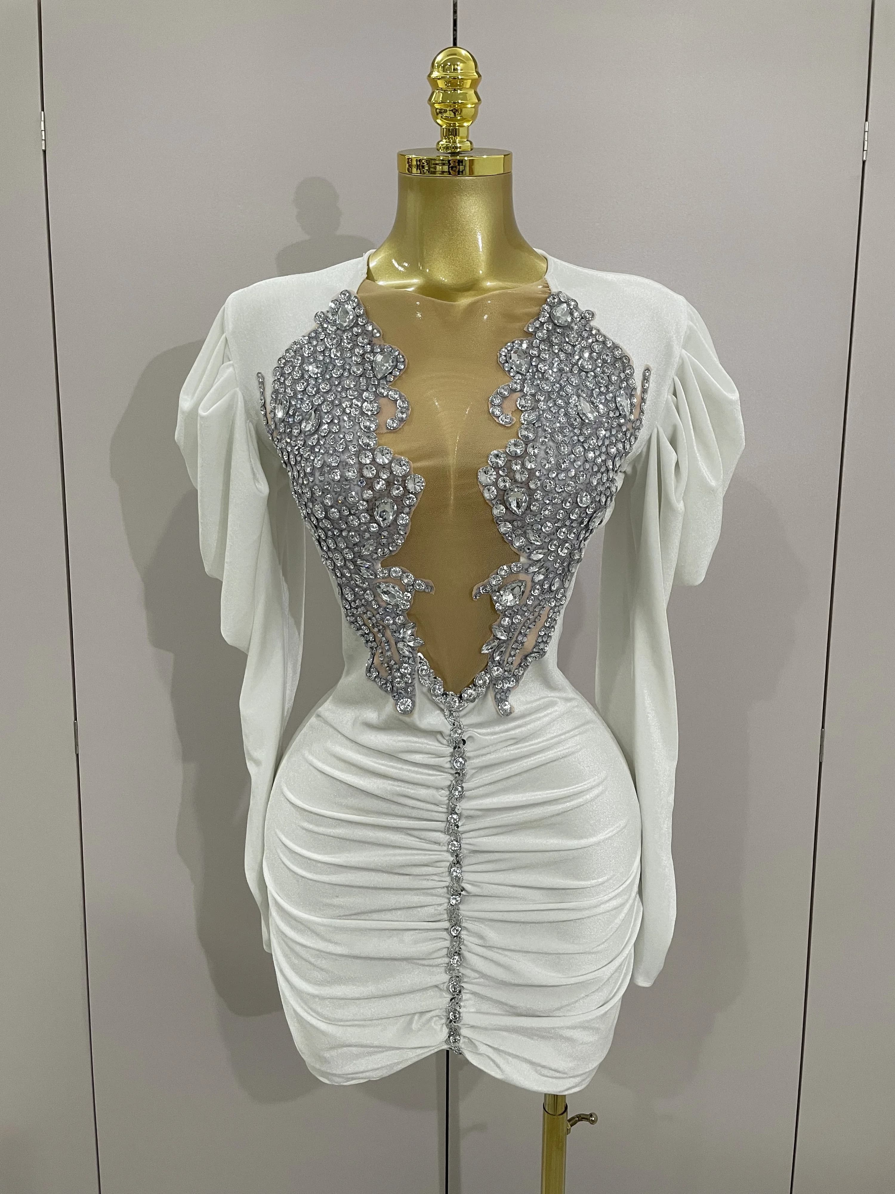 Robe courte de luxe en velours blanc pour femmes, cristaux scintillants, maille Sexy, élégante, robe