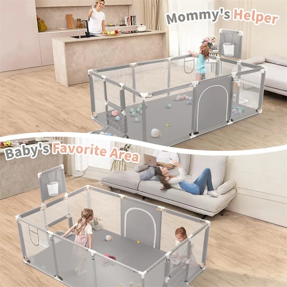 Aire de jeux pour bébé, parc pour bébé de 70 pouces, boîte de clôture grise pour enfants avec Angle 