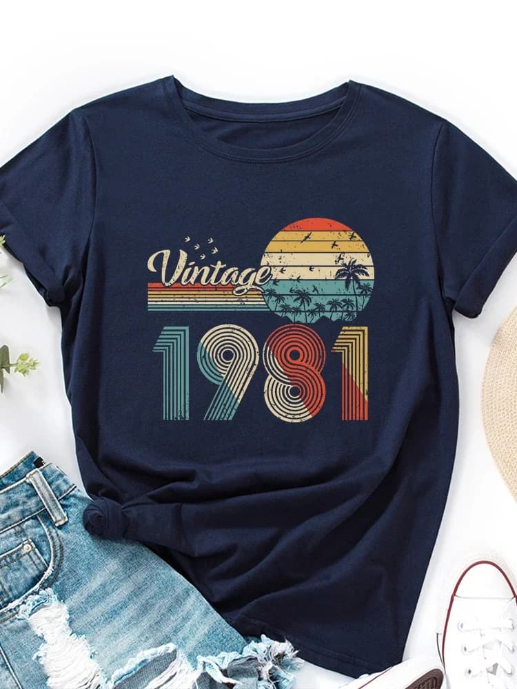 T-shirt manches courtes col rond femme, vintage, imprimé, 1981