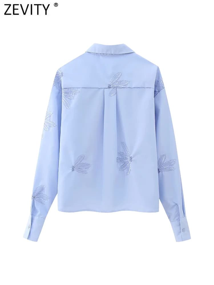 Zevity femmes mode paillettes fleur broderie courte Smock Blouse bureau dames Chic à manches longues