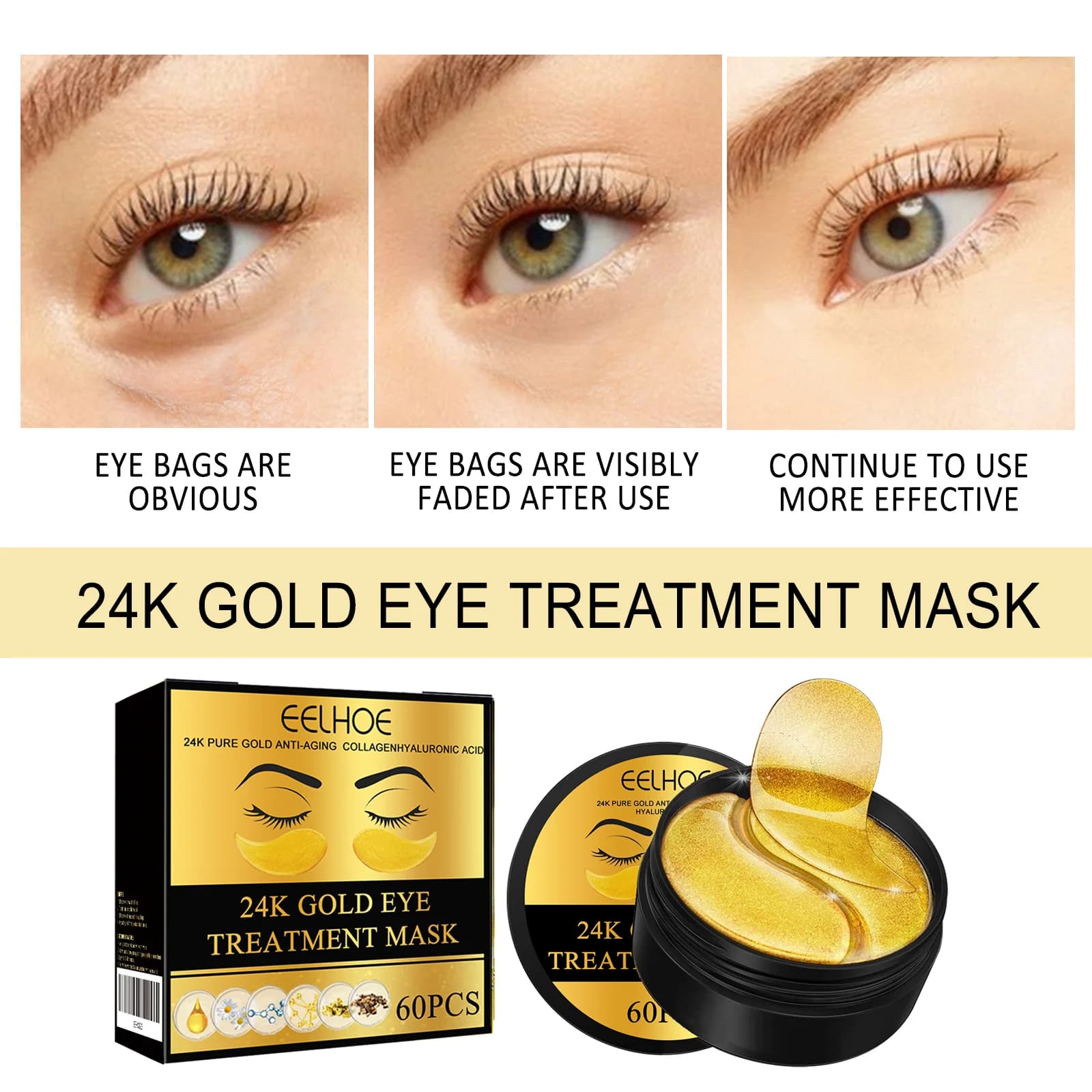 EELHOE 24K or masque pour les yeux Anti foncé hydratant sous les yeux coussinets de Gel revitalisant