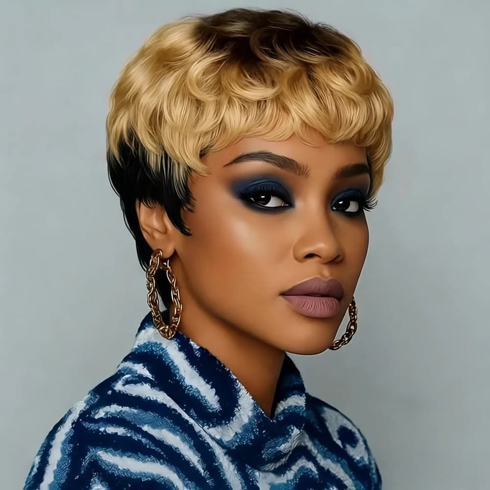 Perruque Pixie Cut en cheveux humains bouclés ondulés avec frange, entièrement fabriquée à la machin