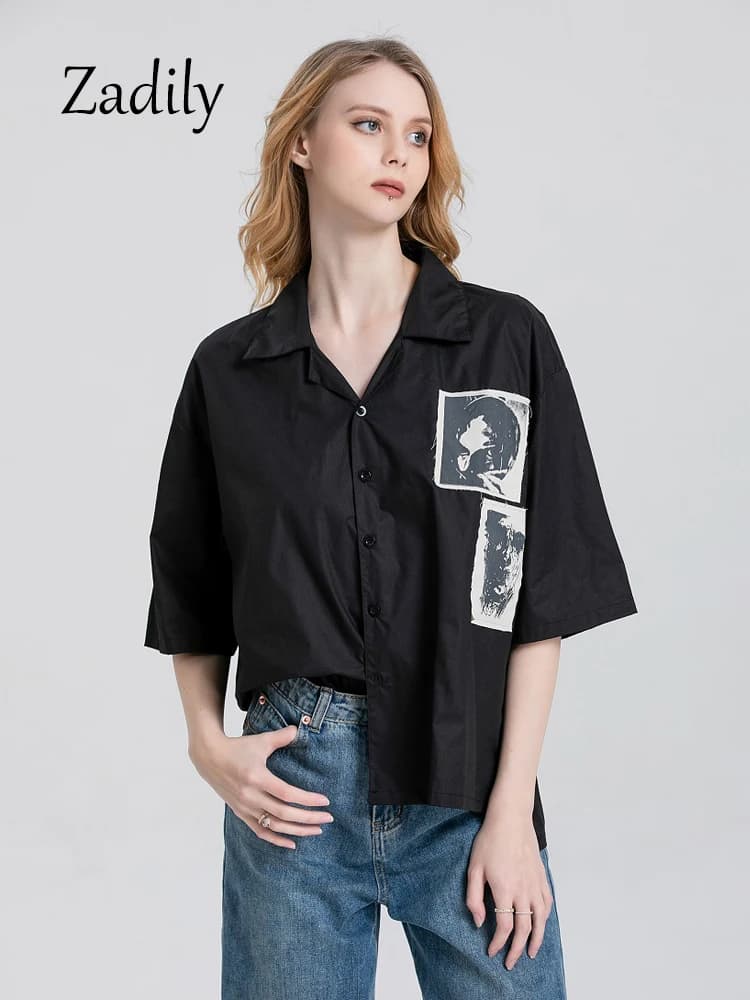 Zadily 2025 été Y2k chemise à manches courtes femmes Patch conçoit boutonné chemisier ample tunique 