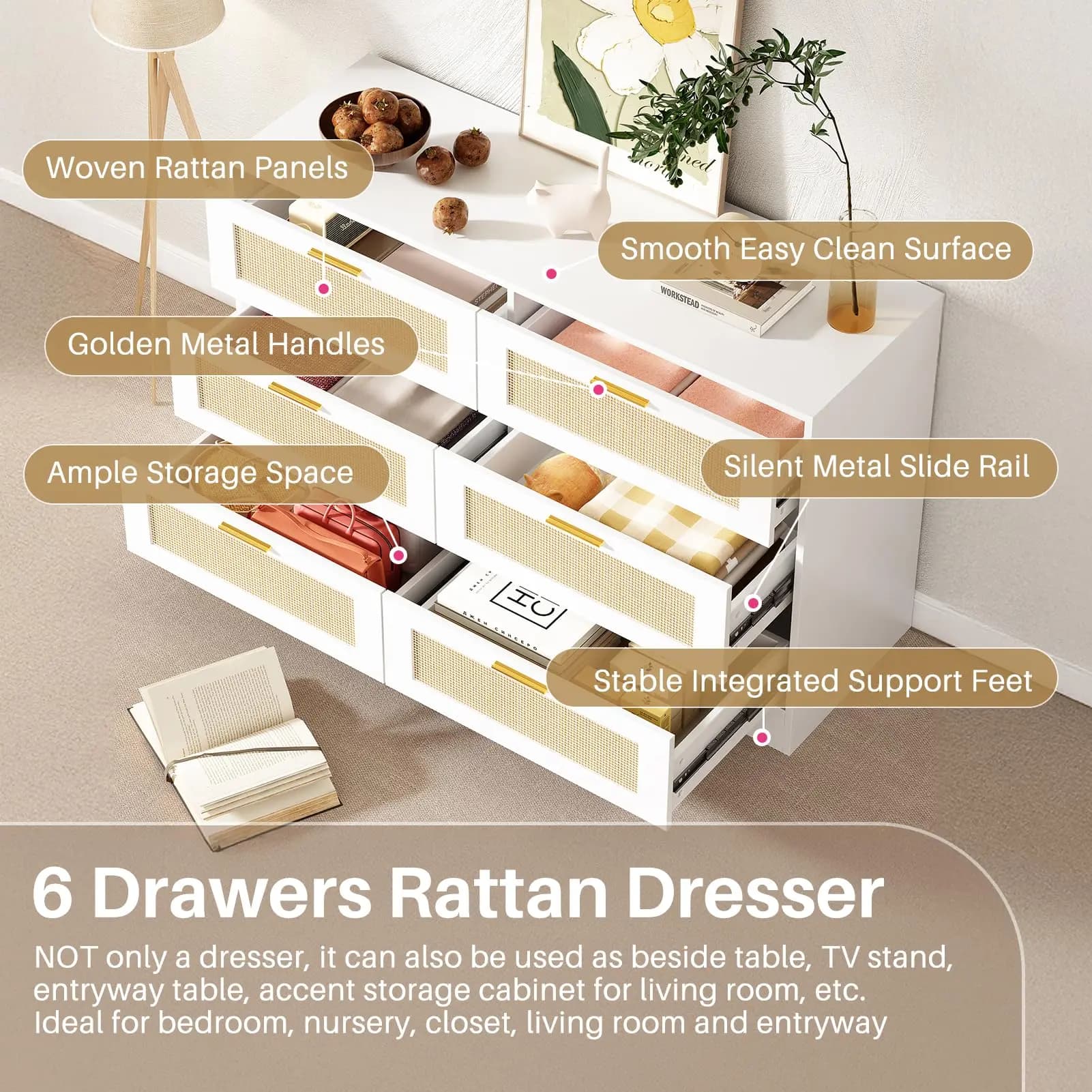 REDLIFE-Commode en rotin 47.24 "avec 6 portes, commode moderne, rangement en bois avec Golden Foy po