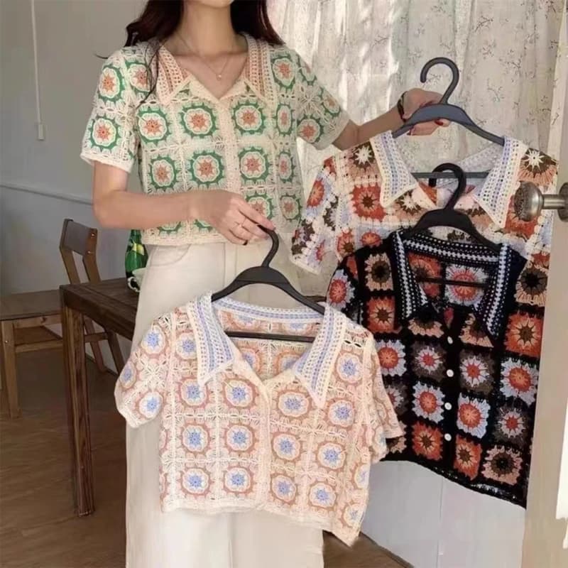 H9ED – Cardigan à manches courtes pour haut court en tricot, boutonné, coloré