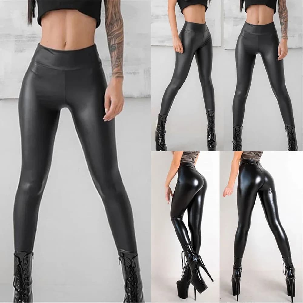 Leggings en cuir taille haute pour femmes, pantalons en PU, levage de la hanche, noir, décontracté, 