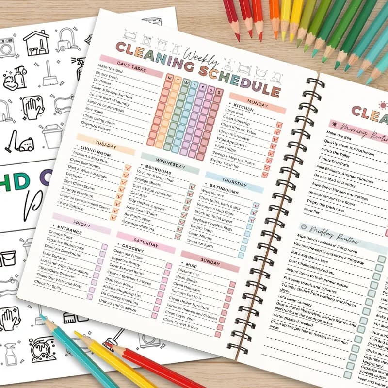 Carnet de planification pour le nettoyage TDAH, liste de tâches, lessive, courses, planificateur quo