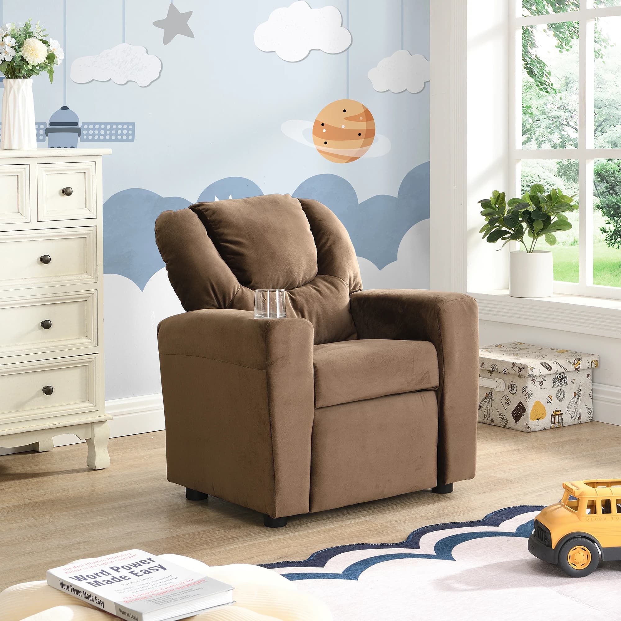 Fauteuil inclinable en velours pour enfants, canapé avec porte-gobelet, repose-pieds, dossier, enfan