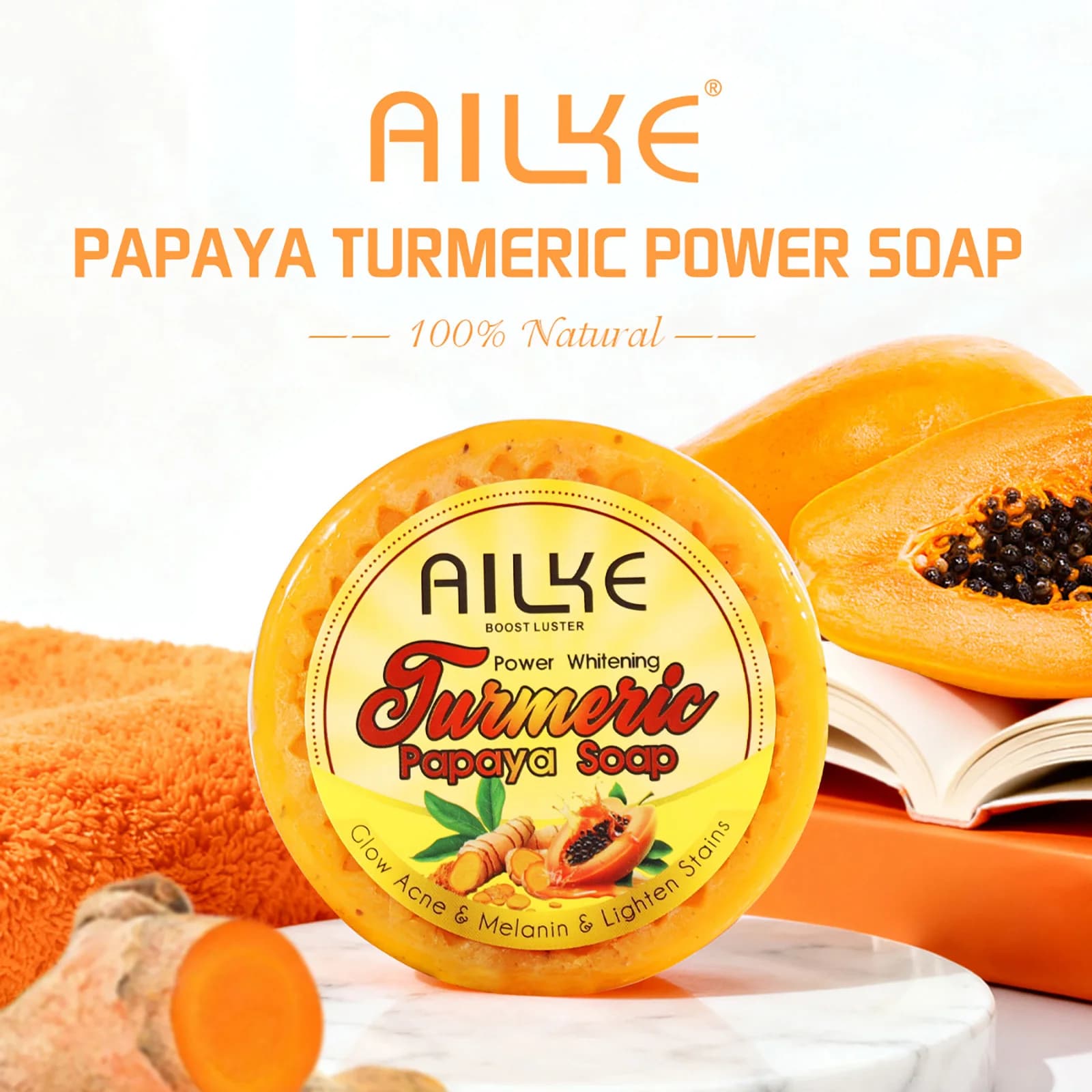 AILKE Barre de savon éclaircissante, au curcuma naturel, papaye, carotte, élimine les taches foncées