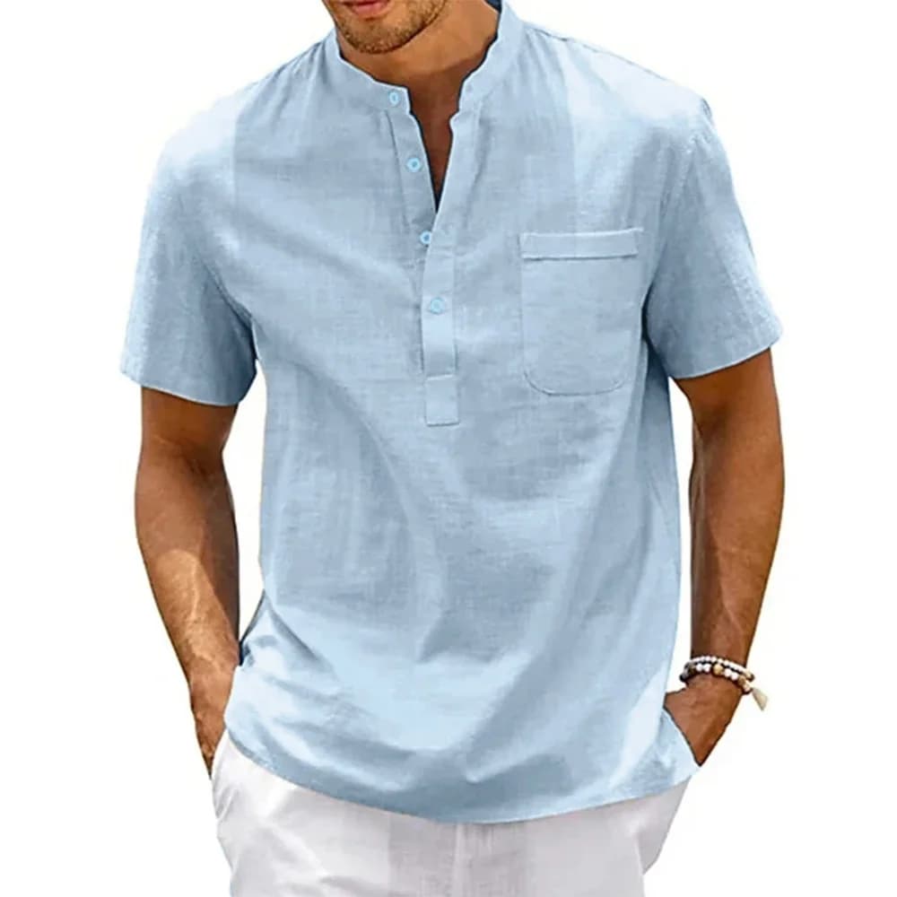 Chemise en coton et lin pour hommes, col Henley, poche, décontractée, plage, manches courtes, couleu