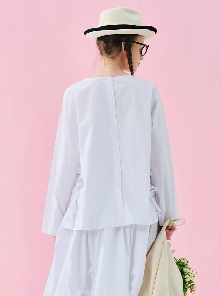 Imakokoni 2025 printemps Original coton lavé dentelle col rond chemise 244929