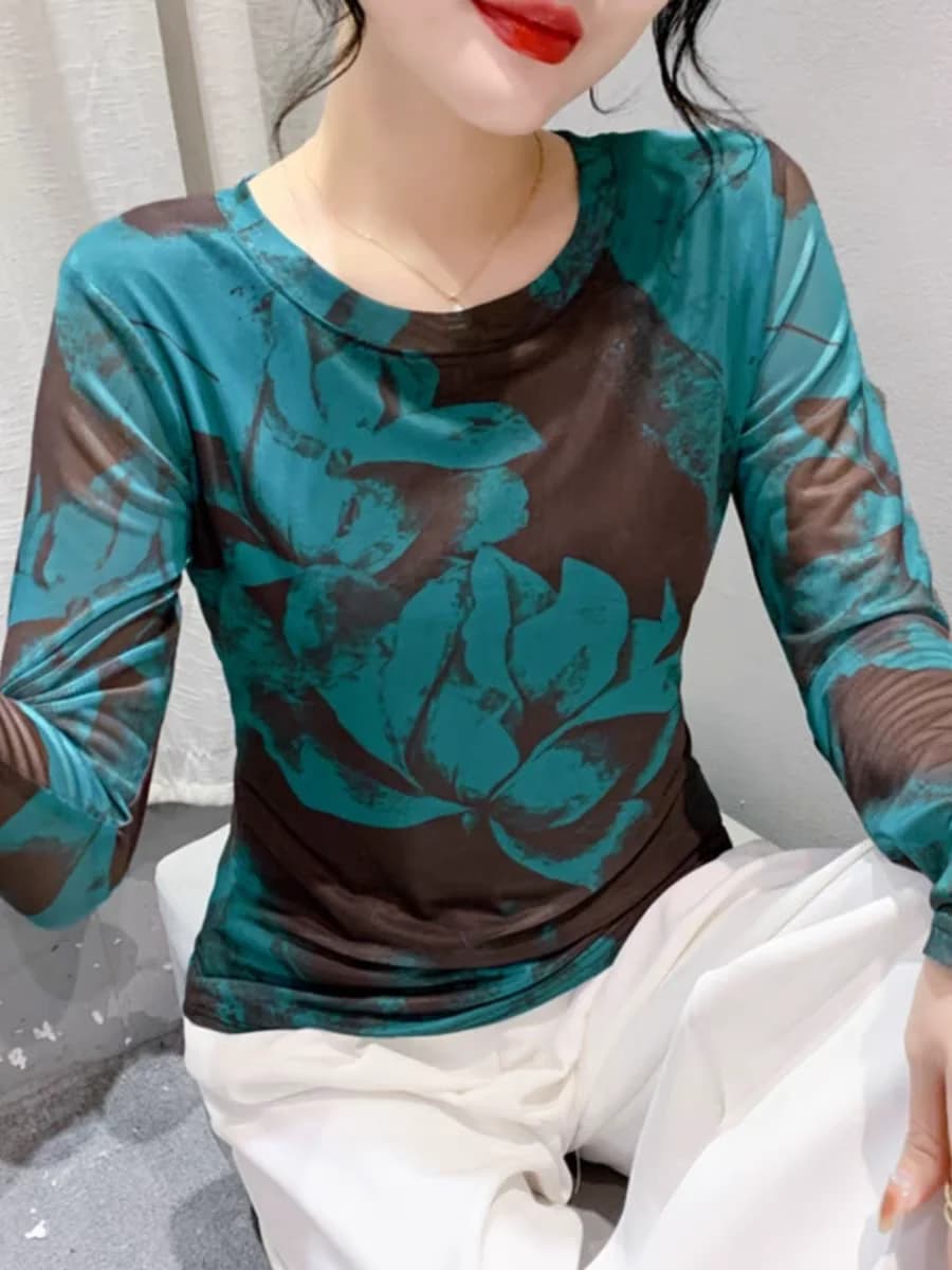 T-shirt en Maille à Col Rond pour Femme, Haut Doux, Imprimé Floral, Extensible, Slim, Printemps Été