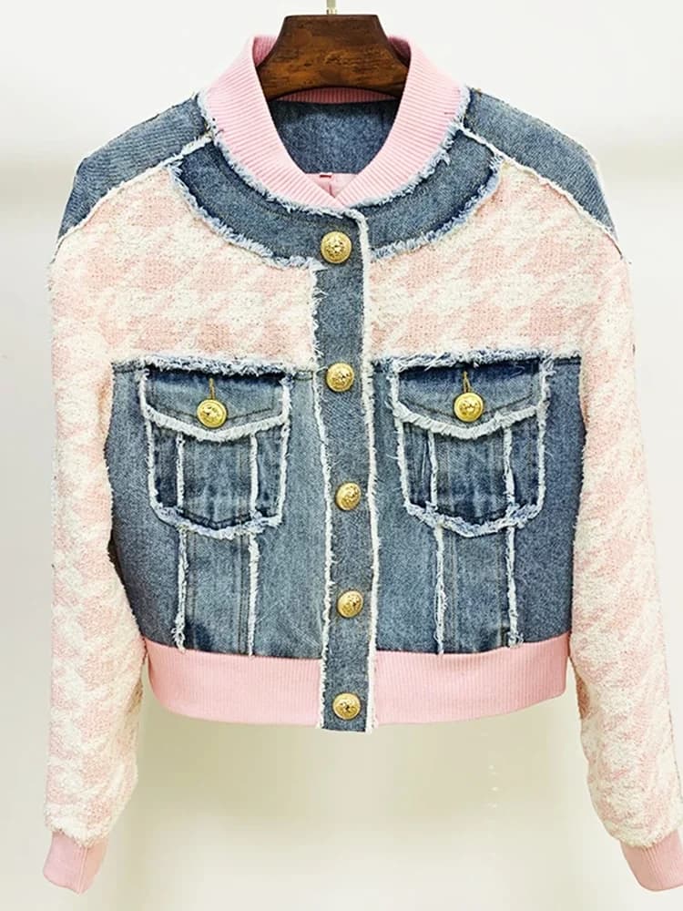 Veste en tweed à carreaux pied-de-poule avec boutons en forme de lion, patchwork en denim et franges