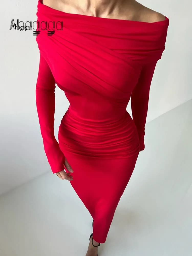 Ahagaga élégant mode Sexy Maxi Robes Streetwear épaules nues décontracté à manches longues mince mou