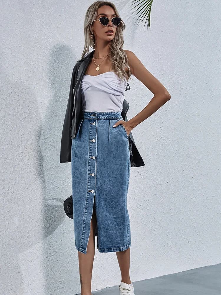 Benuynffy-Jupe en jean droite à boutonnage simple pour femme, longueur au genou, streetwear décontra