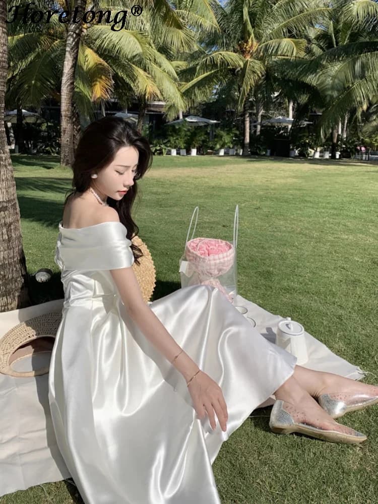 Horetong Bow Slash cou robe Sexy été femmes fée blanche élégante a-ligne robes mi-longues femme fête