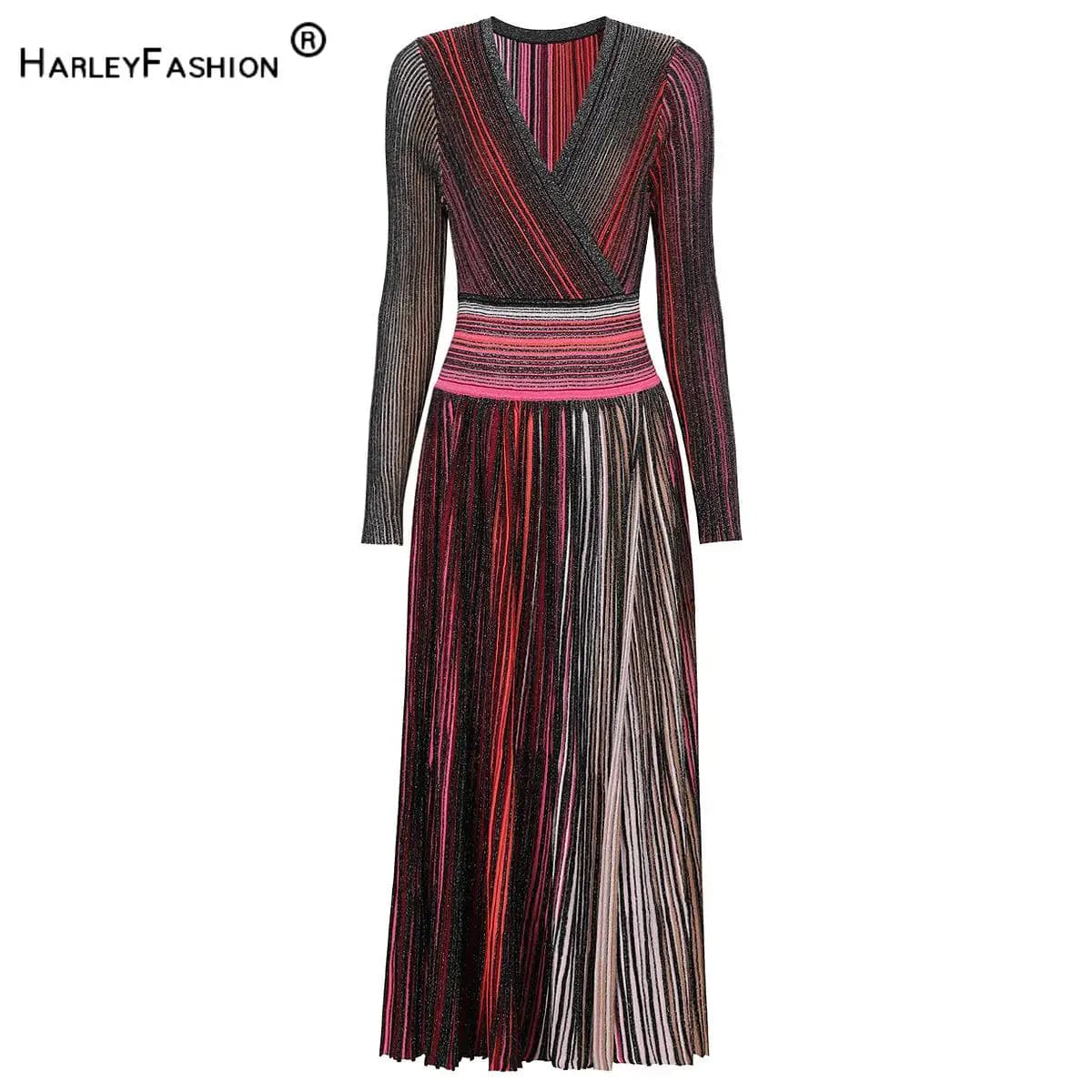 Robe longue trapèze en tricot rayé pour femme, nouveau Style élégant, Slim, ajusté, col en v, manche