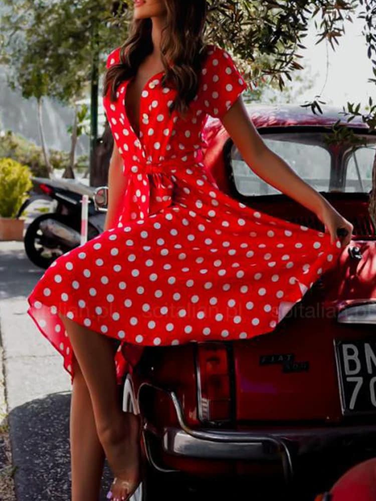 Robe de soirée mi-longue à lacets, Vintage, imprimé à pois, Sexy, col en v, boutons, robe d'été élég