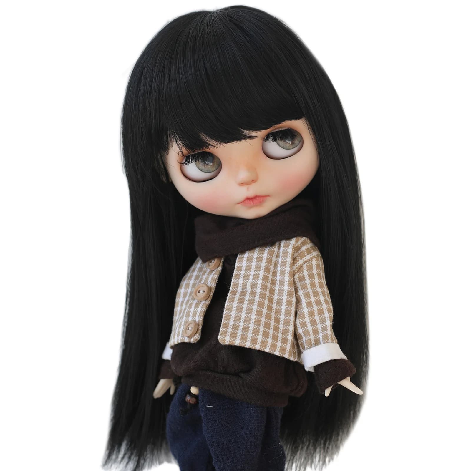 Perruque Blyth de 9 à 10 pouces, cheveux noirs longs et lisses
