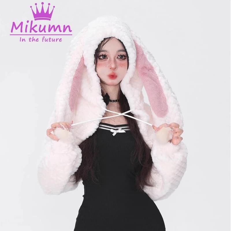 Mikumn japonais Harajuku filles belles oreilles de lapin veste courte Lolita Kawaii à capuche en pel