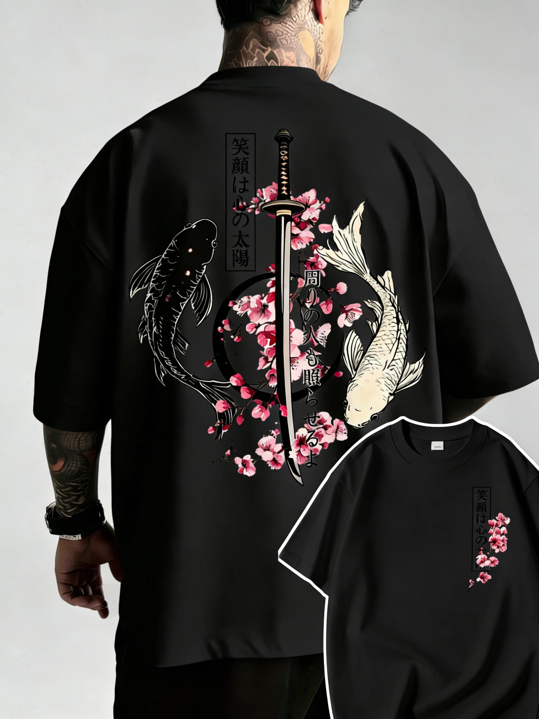 T-Shirt d'été en coton pour hommes, motif poisson Koi et épée de samouraï japonais Yin Yang, à manch