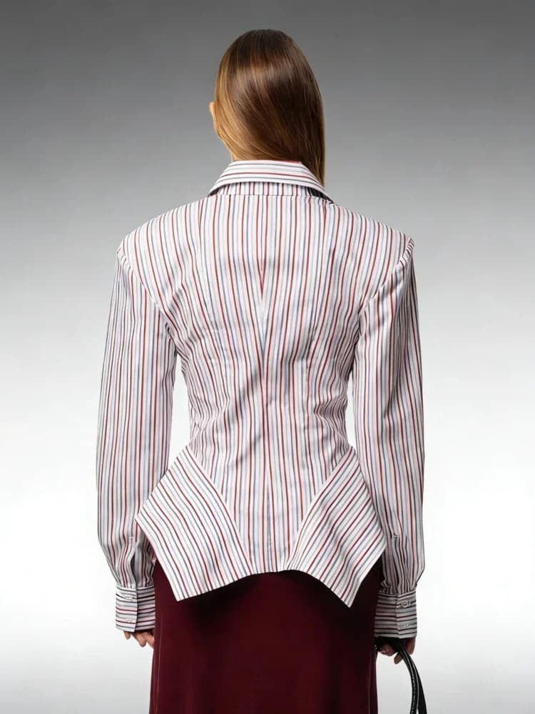 Chemisier rayé élégant DFDG pour femme, collection Printemps-Été 2026, col pointu, manches longues, 