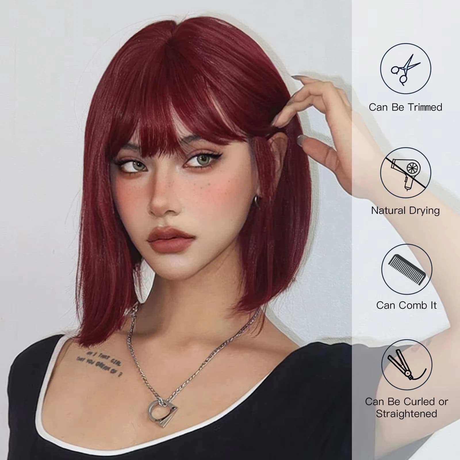Perruque synthétique courte Bob bordeaux avec frange, faux cheveux rouge vin pour Cosplay, perruques
