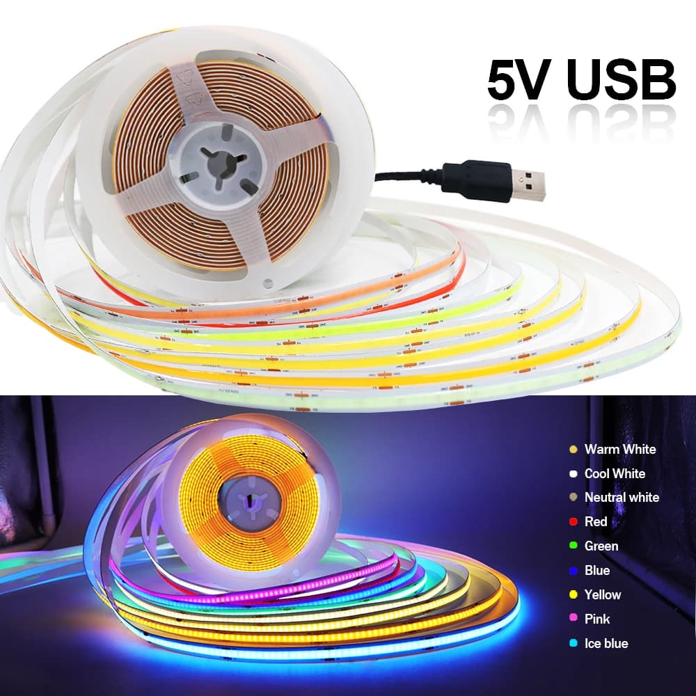 DC5V USB COB LED bande batterie puissance bande LED Flexible lumière 320LED haute densité lumière li