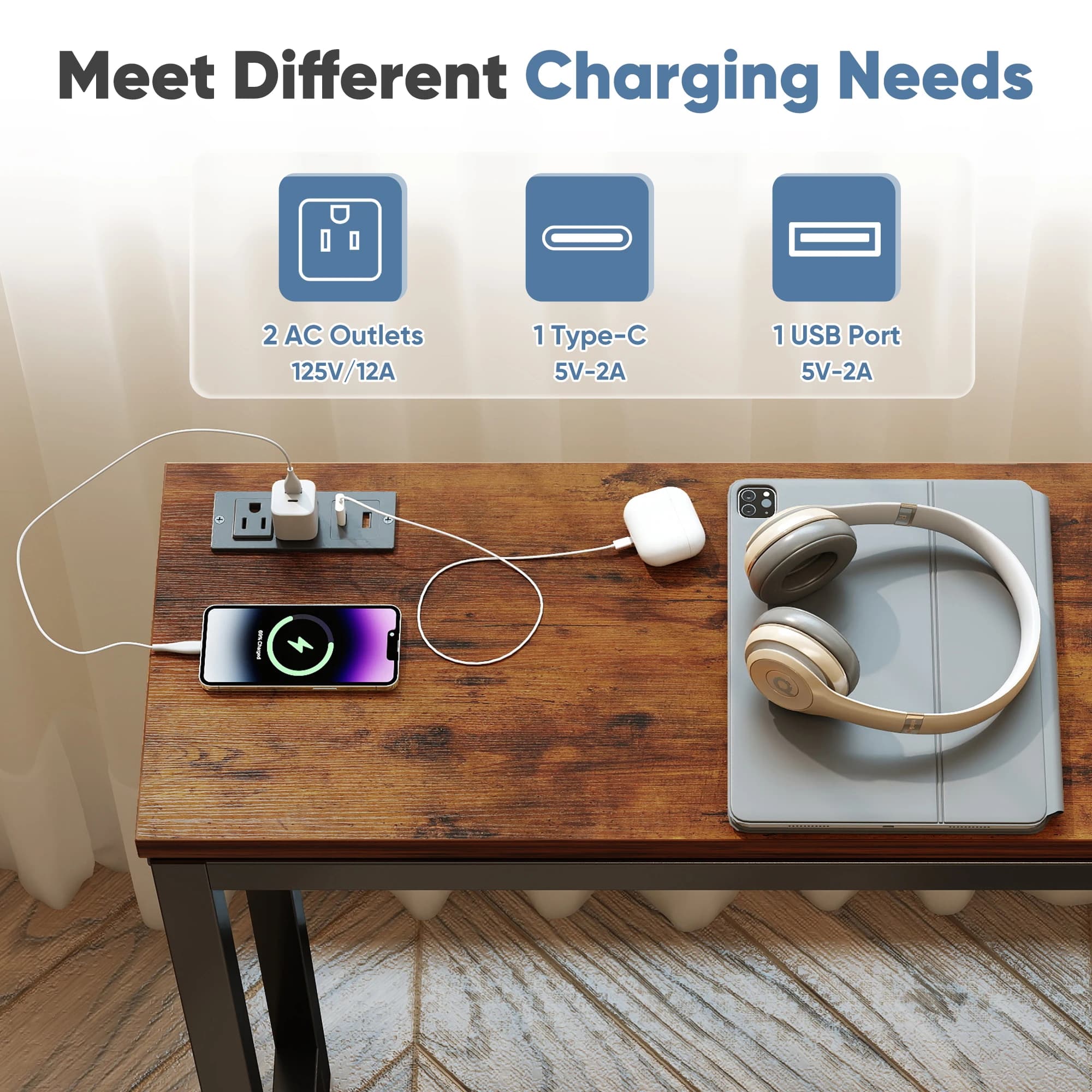 Table de canapé JHK 63IN avec station de charge, bureau de chevet sur lit avec prise, table de lit p