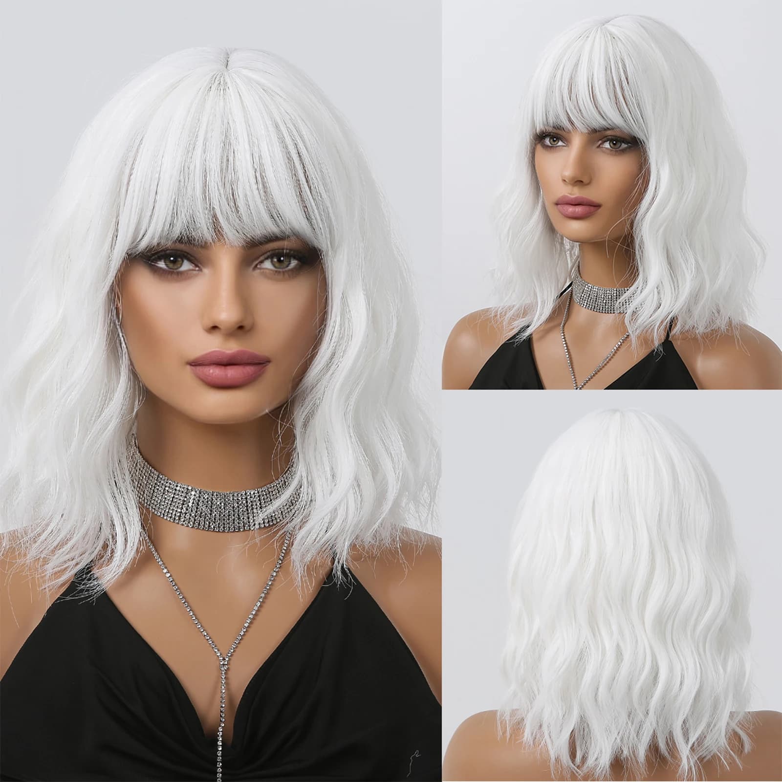 Perruque synthétique courte bouclée ondulée blanche, perruque Lolita blanche avec frange pour femmes