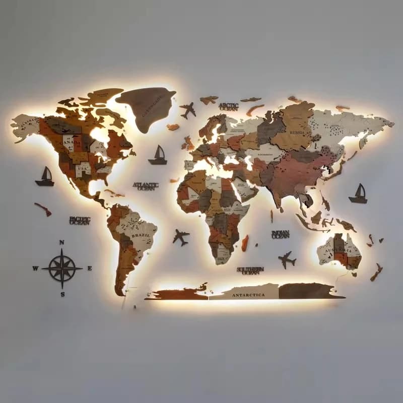 Carte du monde lumineuse de 150 cm de large et 85 cm de haut. Carte lumineuse, décoration murale tri