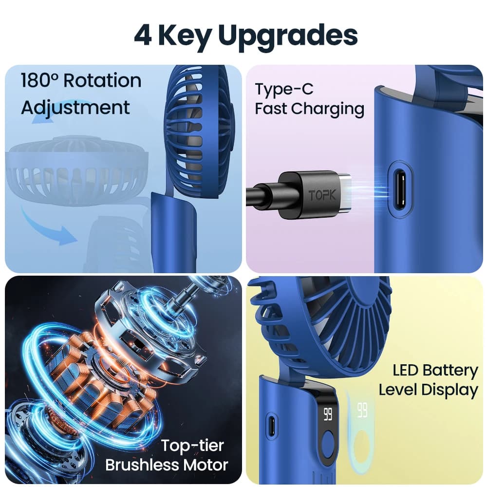 TOPK-Mini ventilateur de poche portable, aste par USB, 5000mAh, 3 vitesses, avec lanière et base, pl