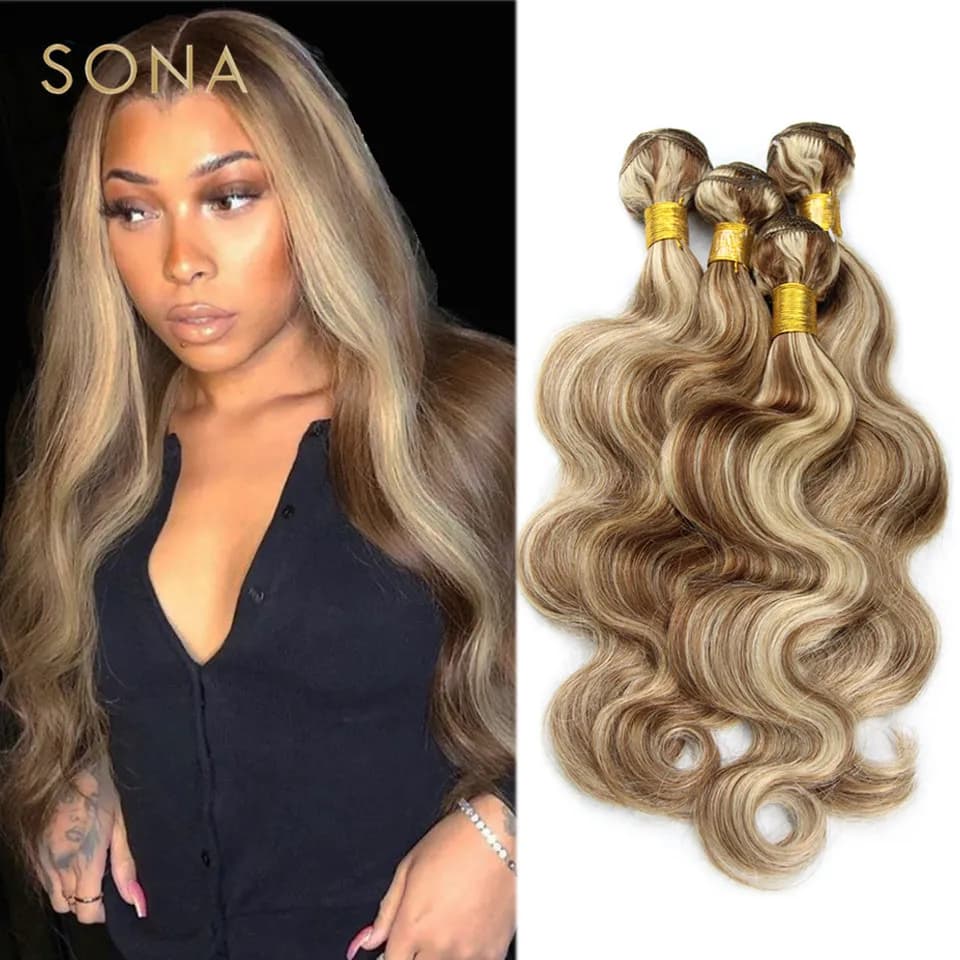 Piano document P4/613-Bundles de cheveux en surbrillance avec fermeture, Remy Body Wave, Ombre, blon
