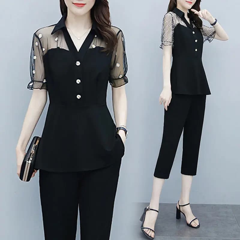 AndrÉlégant-Chemise et pantalon en mousseline de soie en dentelle sexy pour femmes, ensemble deux pi