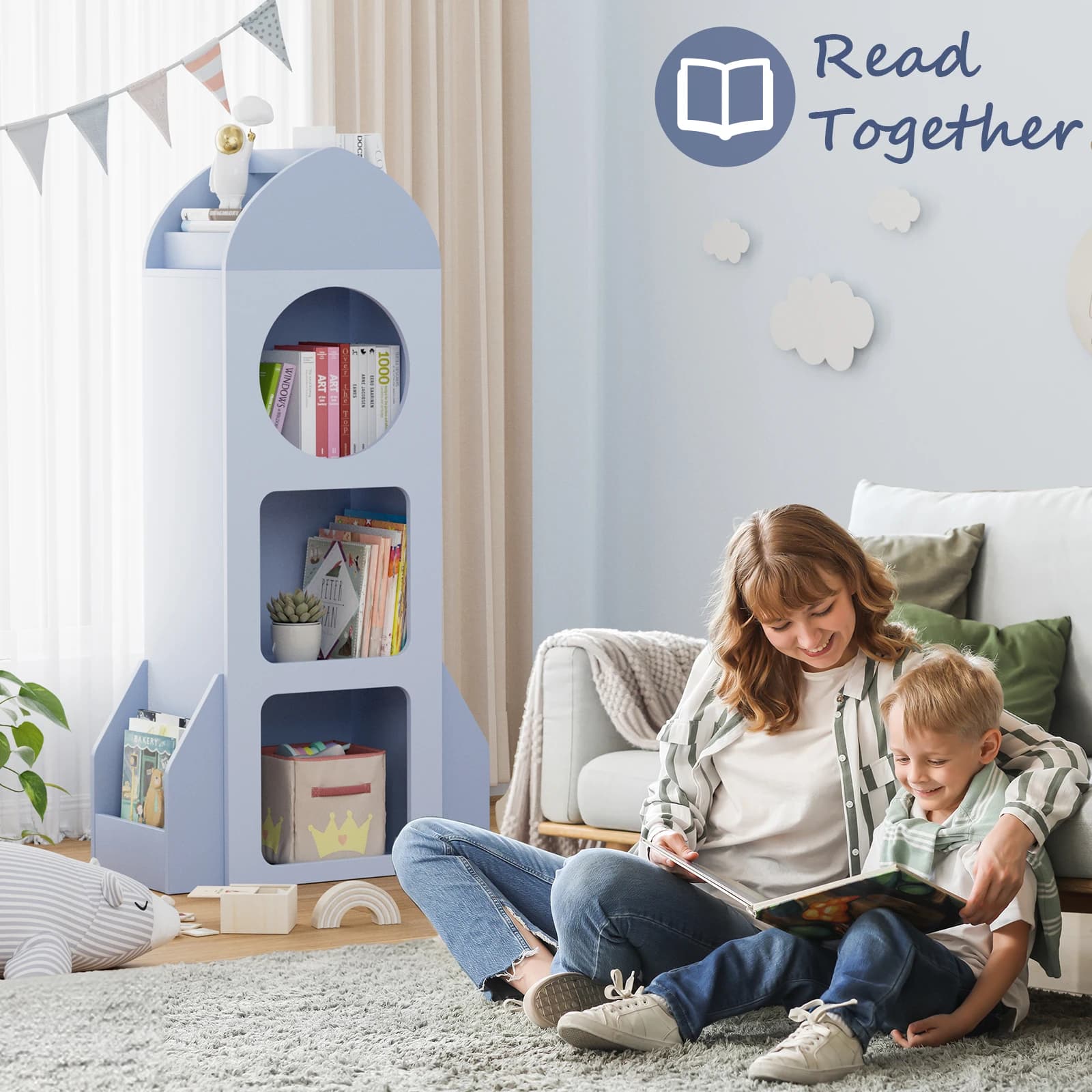 Étagère à livres pour bébé Rocket à 3 niveaux, bibliothèque ouverte en bois pour tout-petits, biblio