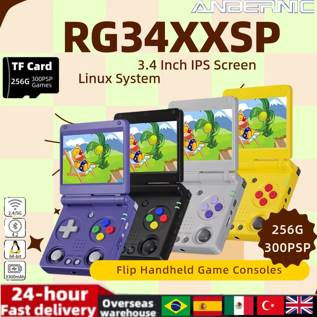 ANBERNIC RG34XXSP Consoles de jeux portables à rabat écran IPS de 3.4 pouces système Linux Consoles 