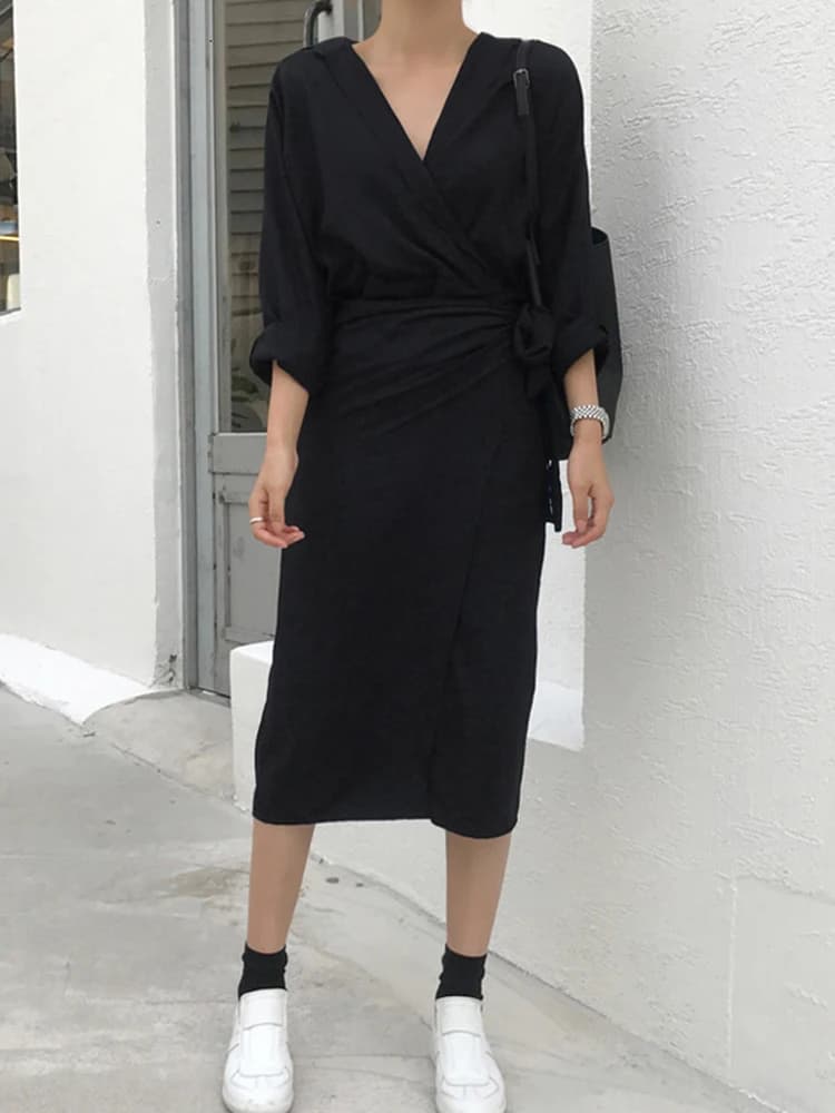 TWOTWurea YLE-Robe coréenne froncée à lacets pour femmes, col en V, manches longues, taille haute, f