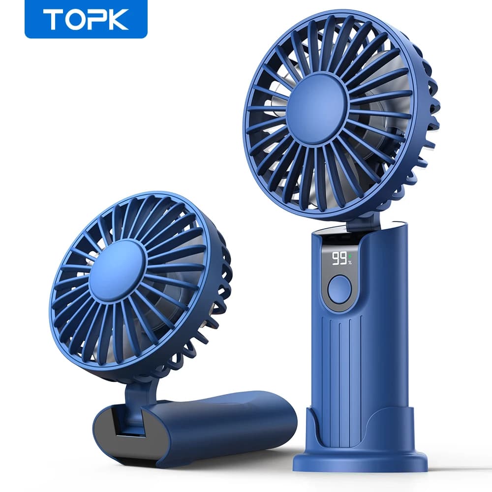 TOPK-Mini ventilateur de poche portable, aste par USB, 5000mAh, 3 vitesses, avec lanière et base, pl