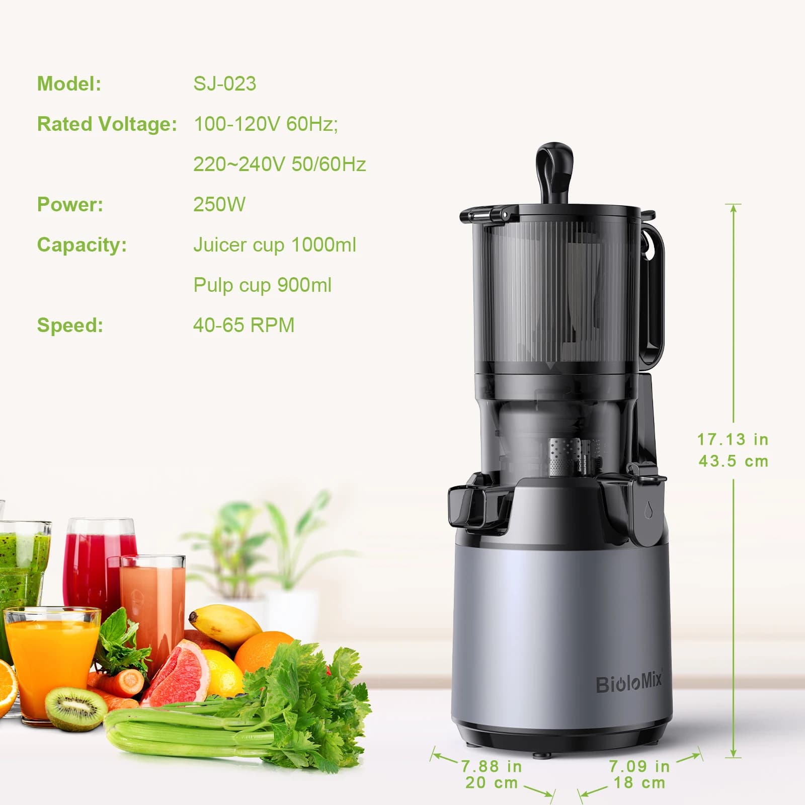 BioloMix-Presse à froid Ju479, avec goulotte de rajeunissement de 130mm, pour fruits entiers et 05/0