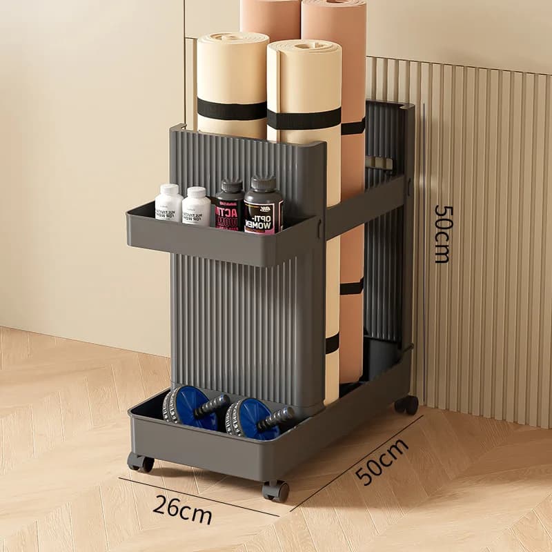 Étagère de rangement pour équipement sportif, panier de rangement pour tapis de yoga avec roulettes,