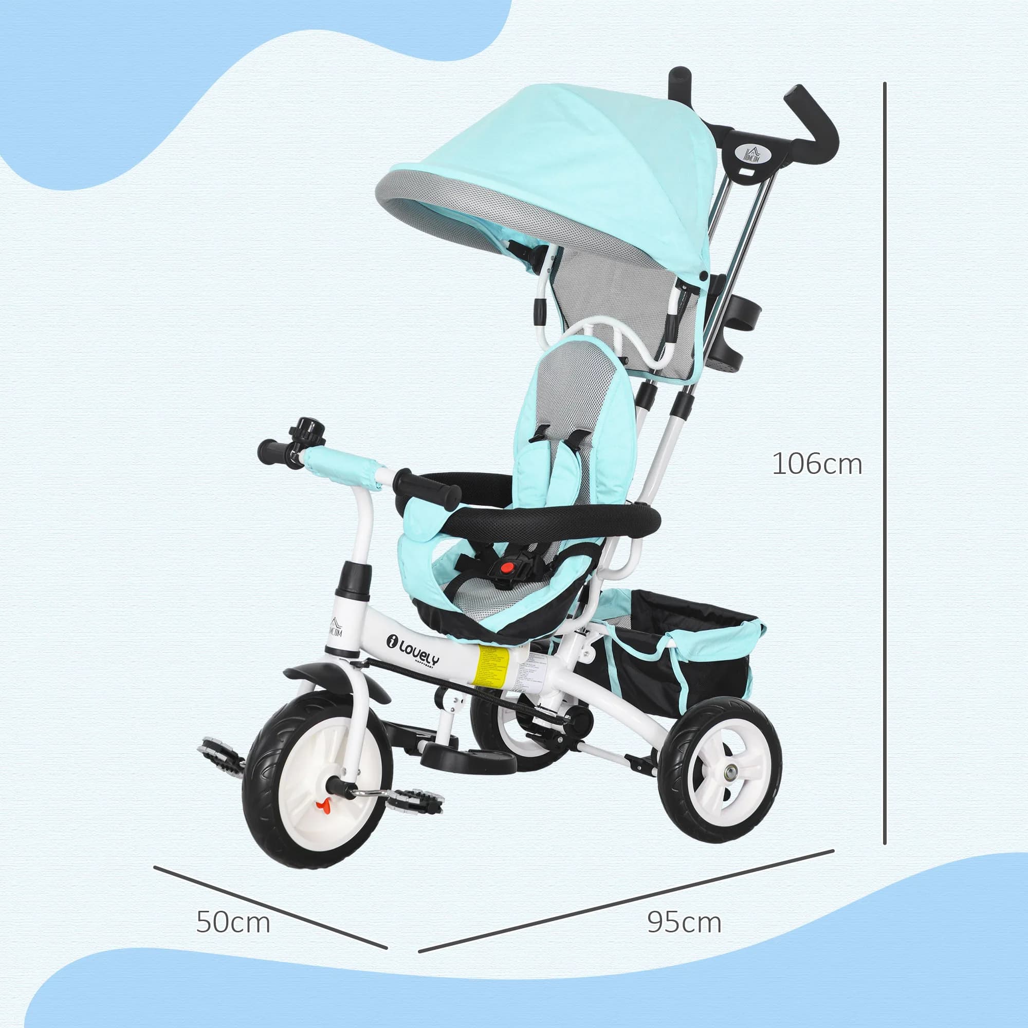 Tricycle évolutif Homcom pour enfants +12 mois avec auvent pliable, poignée télescopique et ceinture