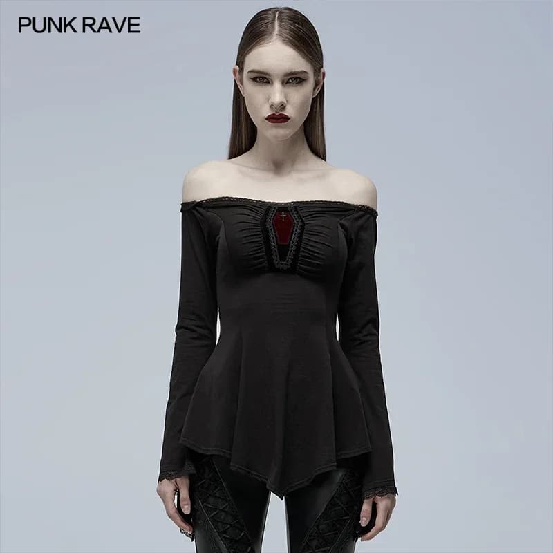 PUNK RAVE-T-shirt à manches longues gothique pour femme, col slash, ligne A, coton élastique, noir, 