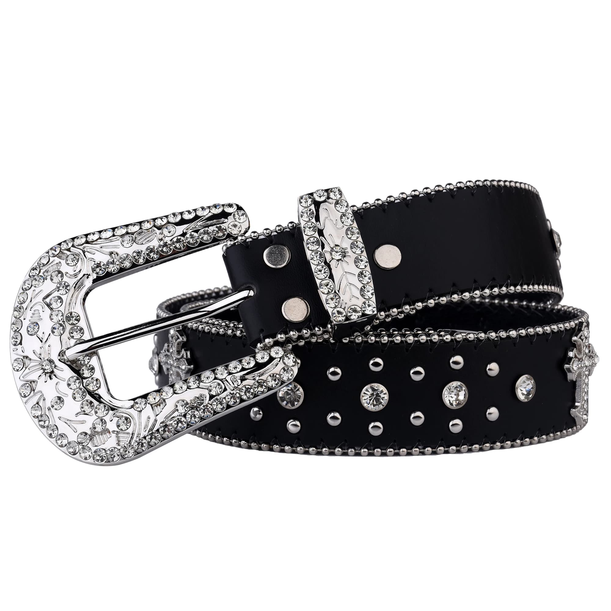 Ceinture à rivets croisés noirs, boucle gravée, décor en strass, ceinture en PU, Hip Hop, pantalon e