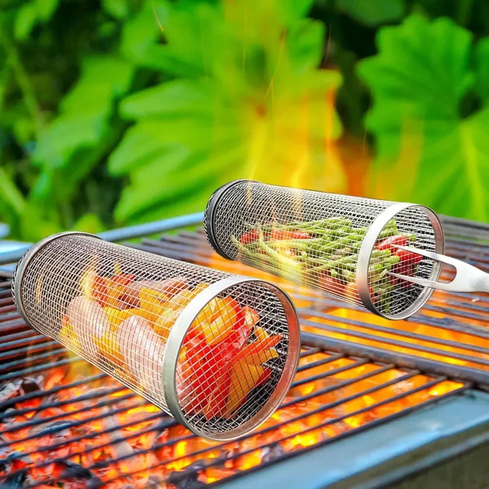 Panier de barbecue roulant-le plus grand panier à griller jamais, maille de gril ronde en acier inox