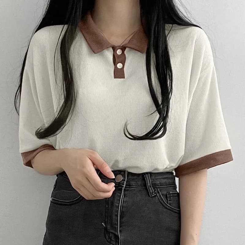 Printemps été automne décontracté Polo T-Shirt femme pull mode femmes Blouse Simple Style Preppy étu