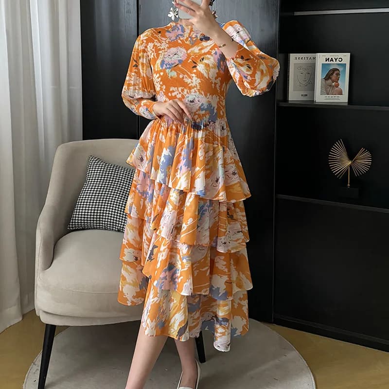 Robe mi-longue plissée de style étranger pour femmes, jupe à bulles vintage, imprimé floral, taille 
