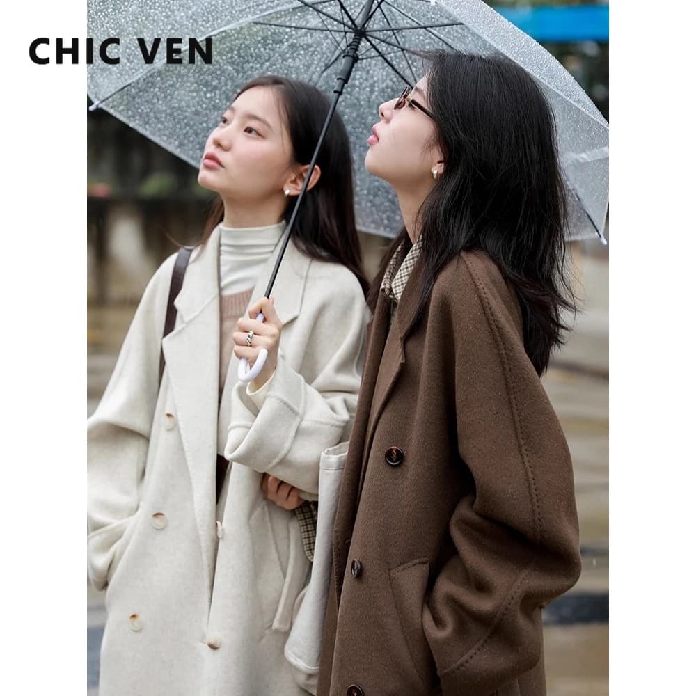 CHIC VEN femmes Long manteau en laine ample décontracté Double face vêtements de dessus pour femmes 