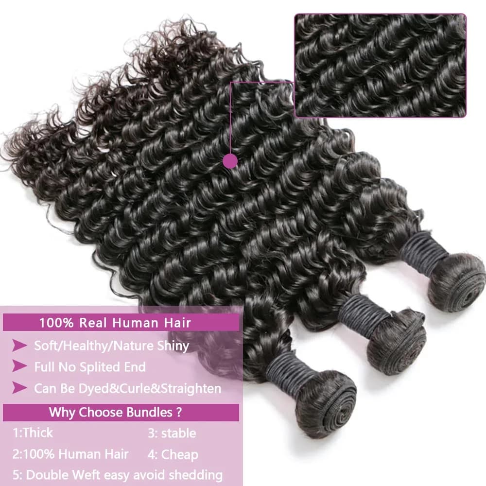 Queenlike vague profonde paquets de cheveux humains 24 26 28 pouces paquets bouclés profonds 100% ch