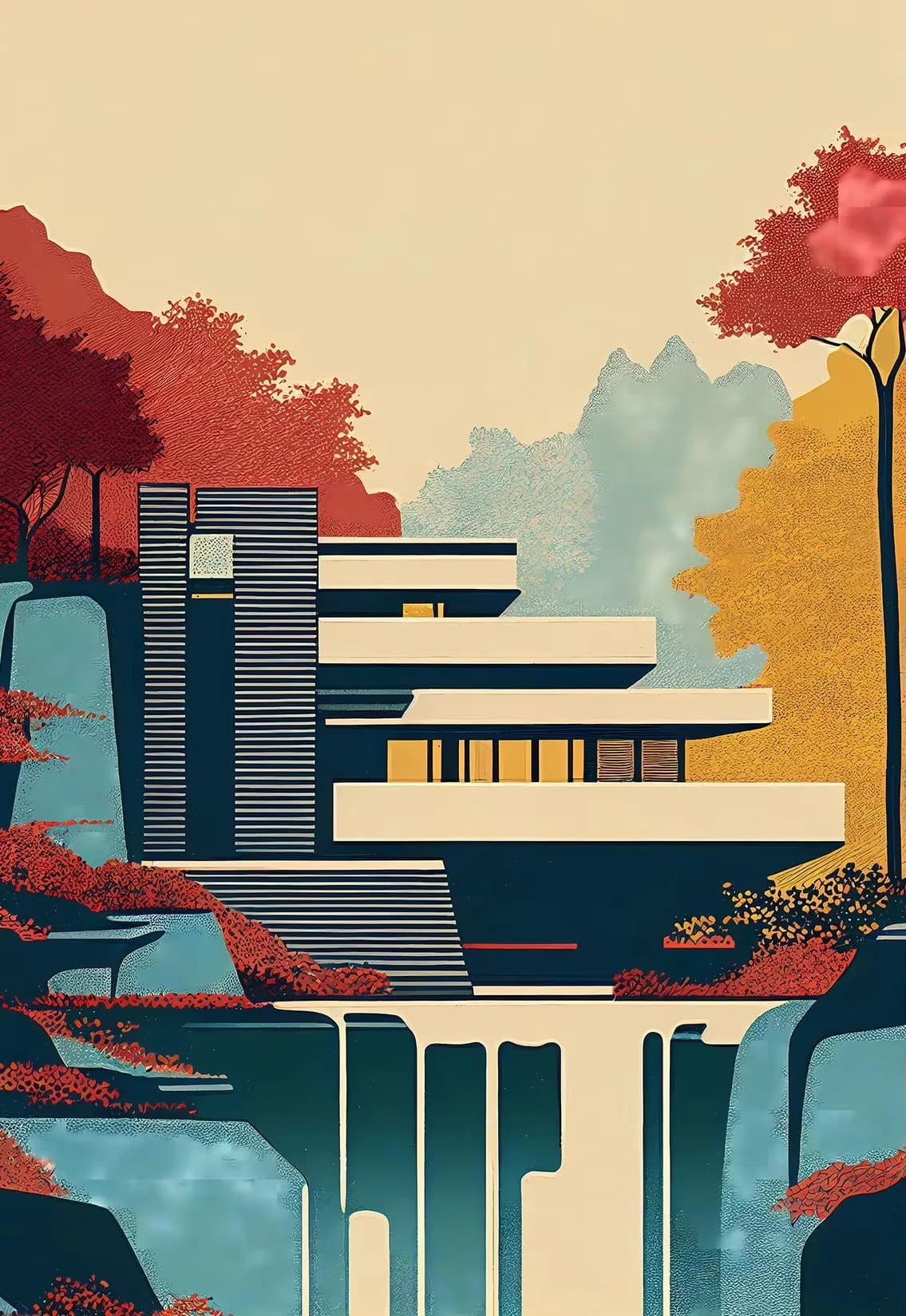 Maison minimaliste d'eau tombante Bauhaus, Architecture classique, affiche abstraite, peinture sur t