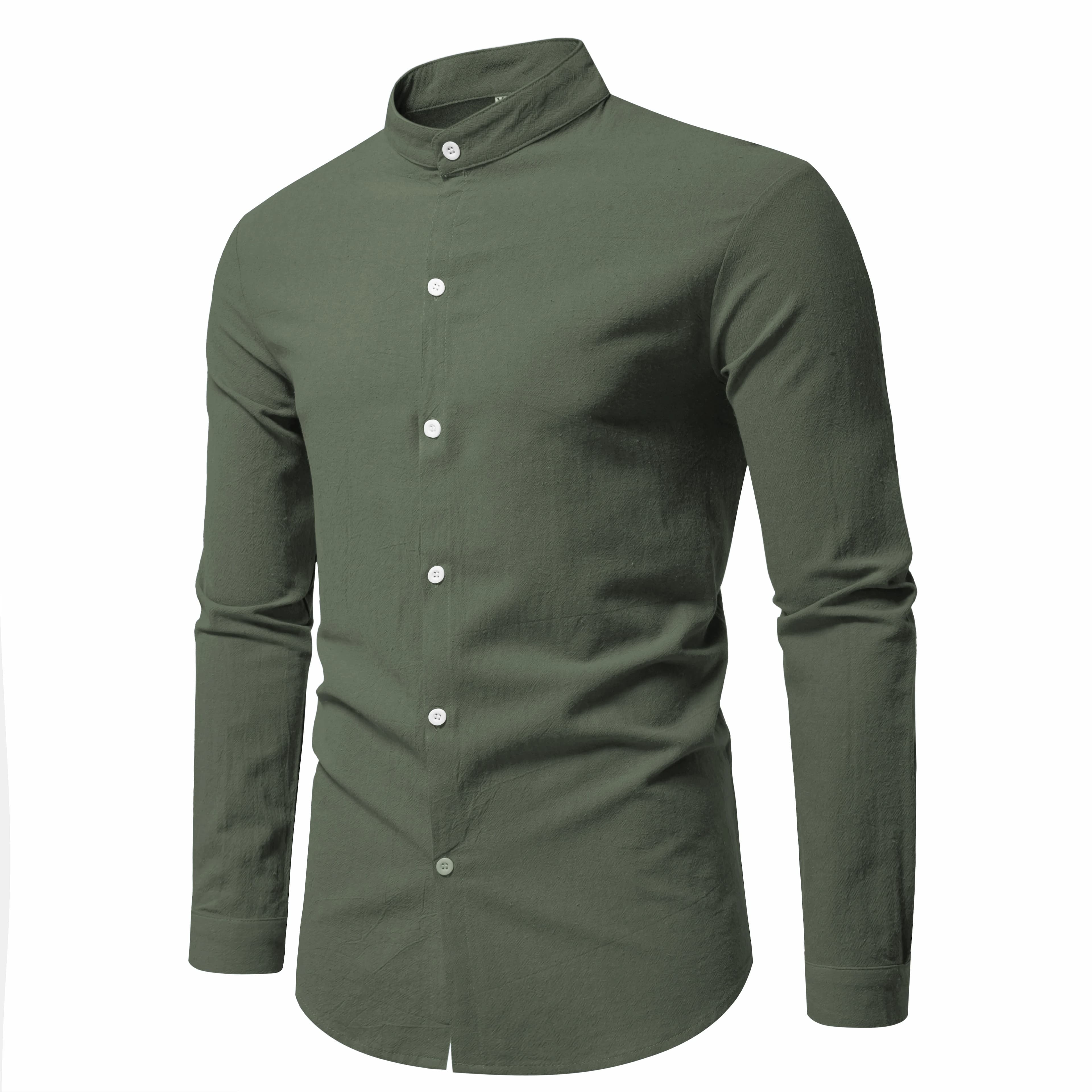 Printemps hommes à manches longues col montant couleur unie chemise décontractée hommes pur coton mo